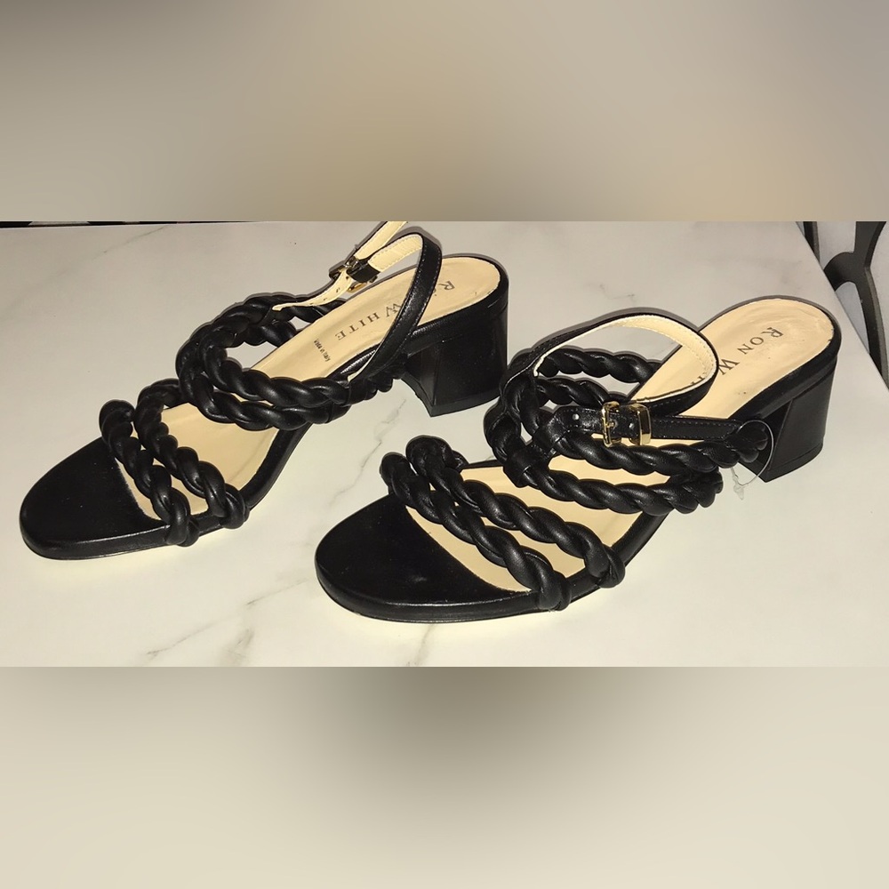 Braided Strap Block Heel Sandals - Black by Roni White
